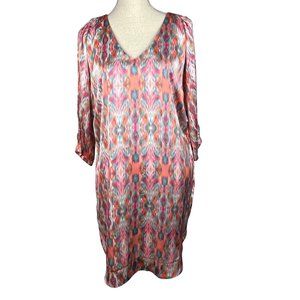 Boston Proper Multicolor Satin Dress Tunic V-Neck Split-Sleeve Sz. 4